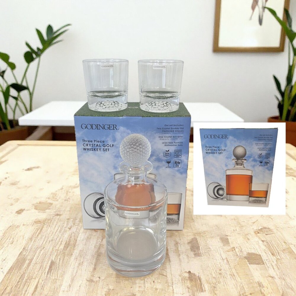 Share Godinger Crystal Golf Whisky Decanter Set w/ 2 Double Old Fashion Glasses